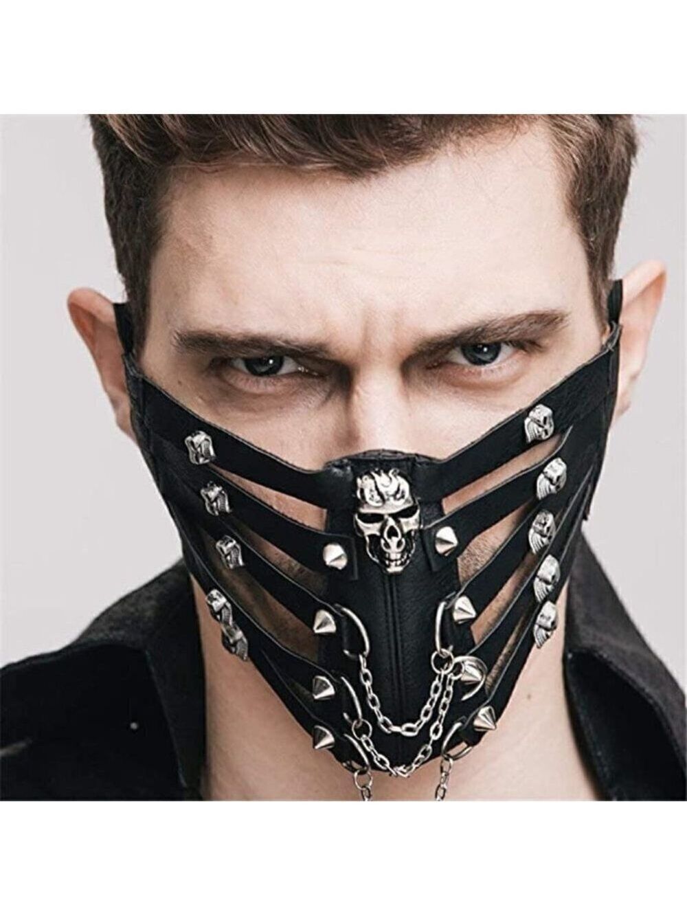BLACK leather skull chain stud face mask slave bondage BDSM costume cosplay NWT